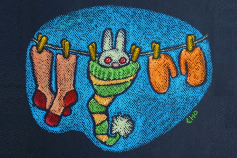 rabbit in a toque | oil pastel illustration