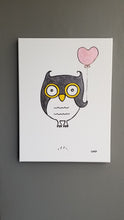 Load image into Gallery viewer, night owl flying with pink heart balloon