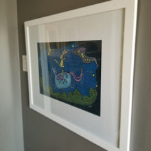 Load image into Gallery viewer, catching dreams | flying horse & bunny | oil pastel illustration