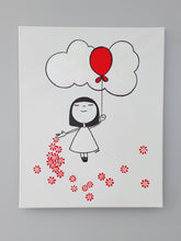 Load image into Gallery viewer, spring rising, girl flying with red balloon over red flowers