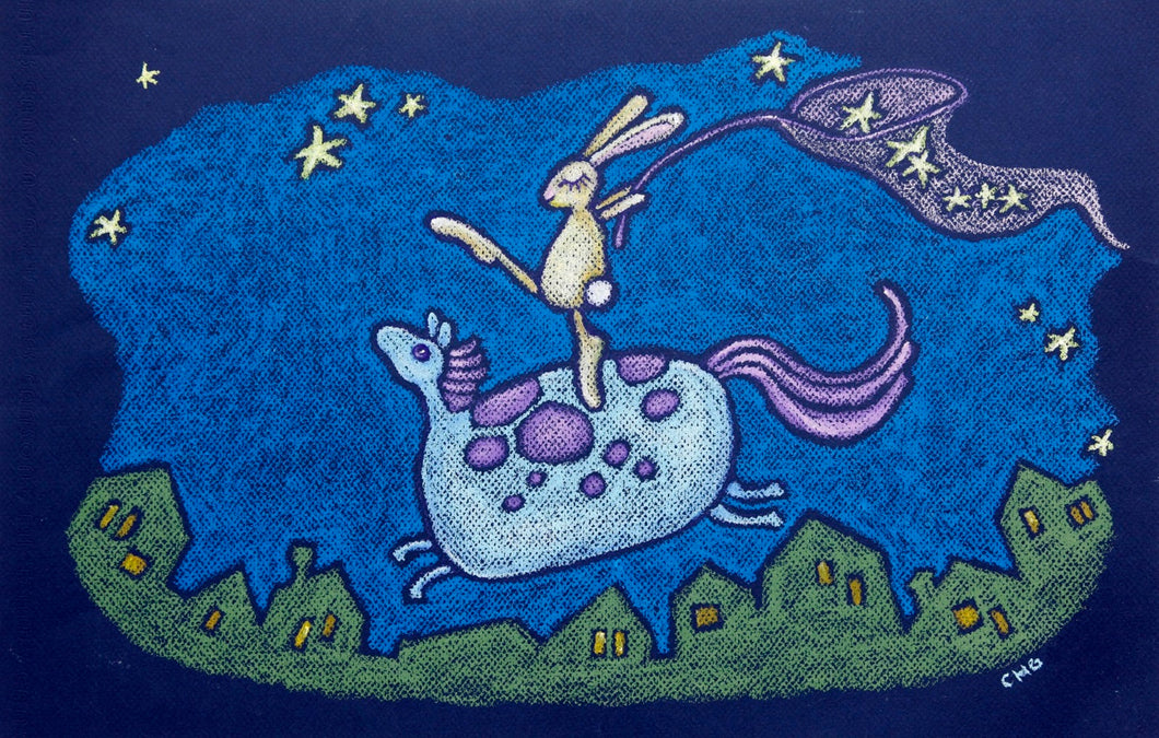 catching dreams | flying horse & bunny | oil pastel illustration