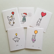 Load image into Gallery viewer, flying piggie | pigs balloons | when pigs fly | Greeting Cards hand coloured

