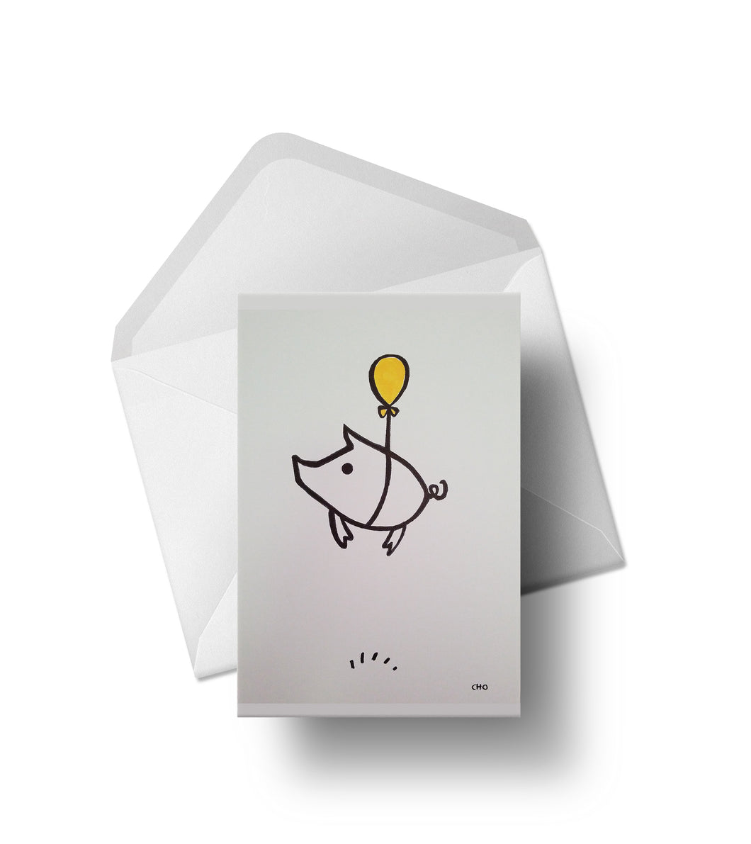 flying piggie | pigs balloons | when pigs fly | Greeting Cards hand coloured