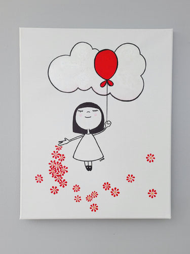 spring rising, girl flying with red balloon over red flowers