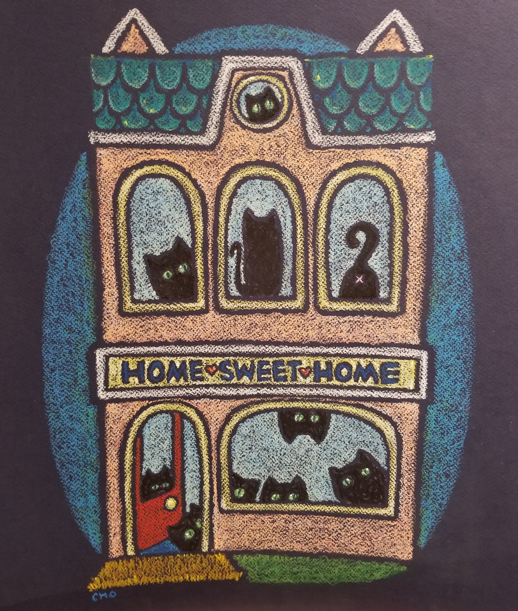 home sweet home | cat house | oil pastel illustration