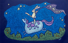 Load image into Gallery viewer, catching dreams | flying horse &amp; bunny | oil pastel illustration
