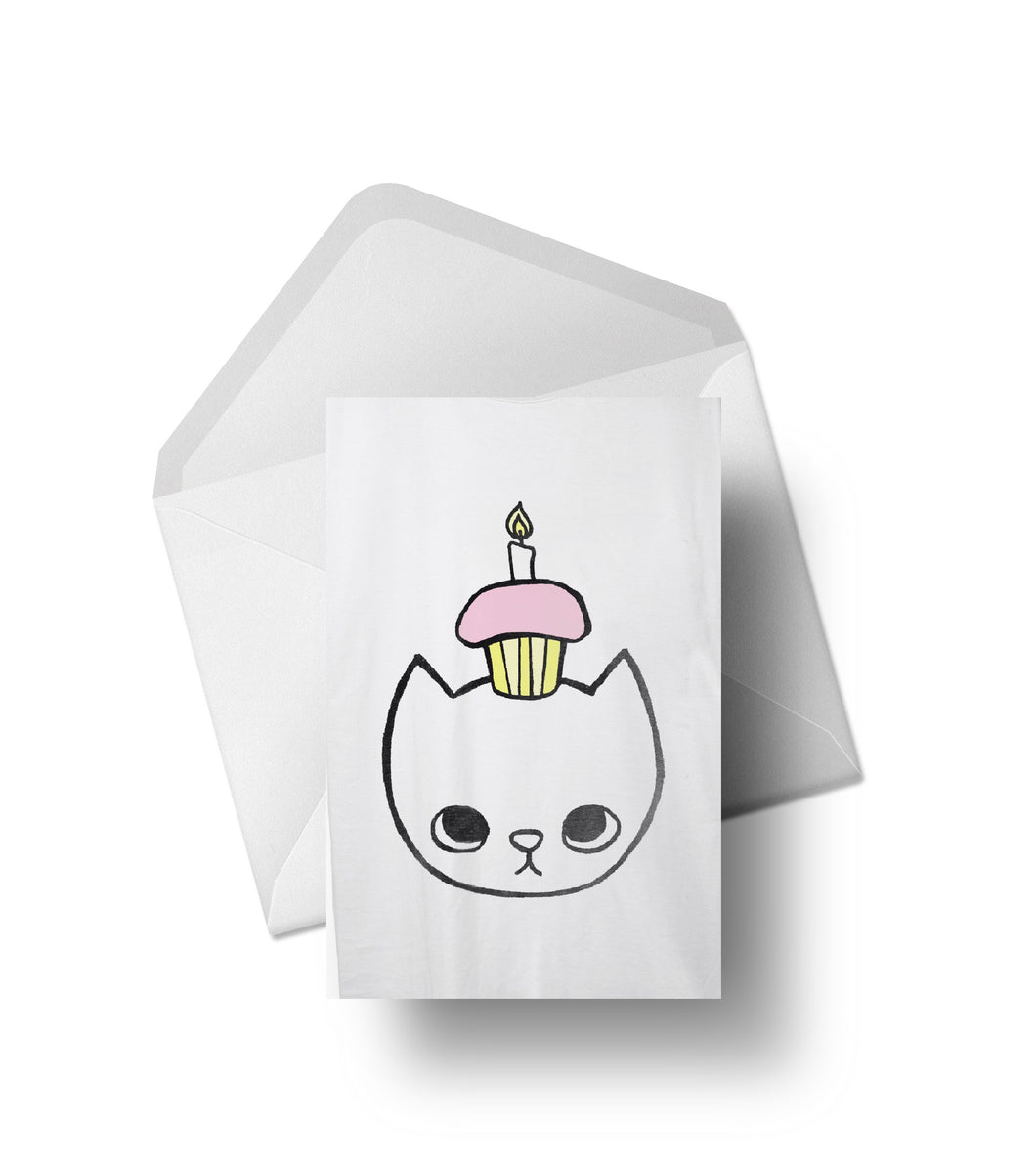 cupcake cat | birthday celebration anniversary | Greeting Cards Hand Coloured