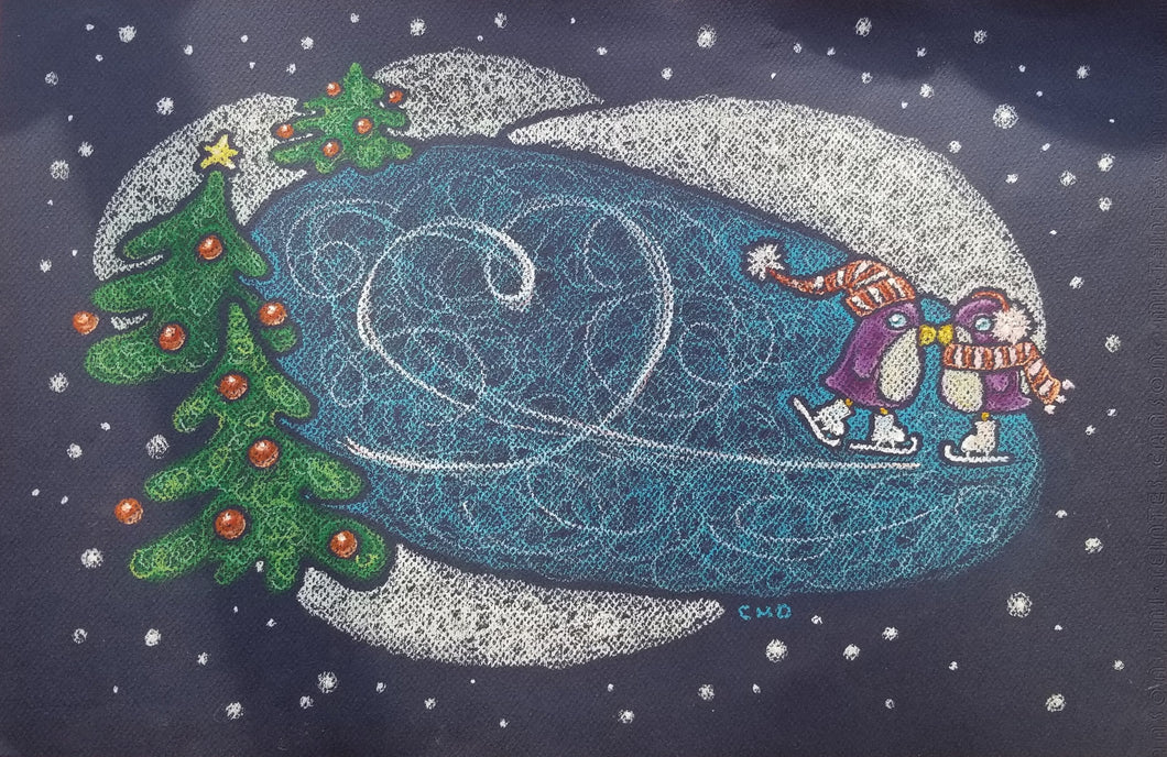 first kiss | skating penguins | oil pastel illustration